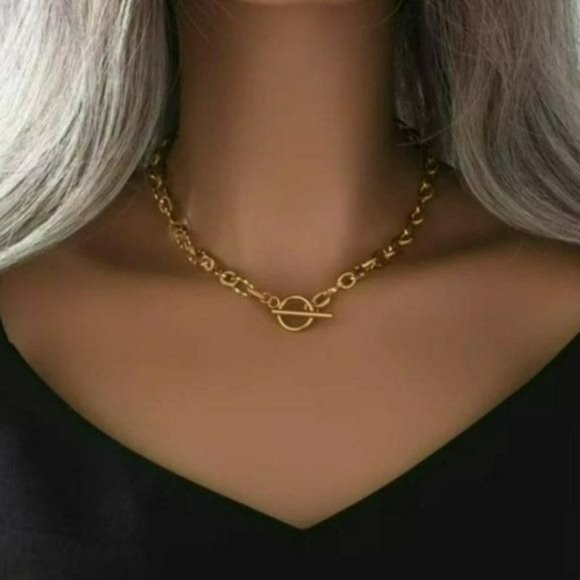 18k Gold Plated Stainless Steel Chunky Chain Choker Necklace Toggle Clasp 17in - Picture 3 of 5